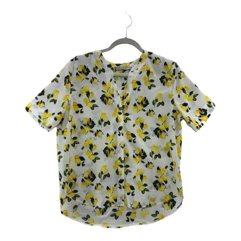 Dalia Womens M White Yellow Hi Low Lemons Popover Top Blouse Roll Tab Sleeve